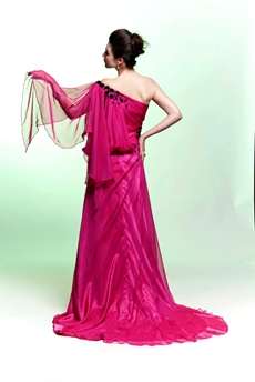 One Shoulder Column Full Length Fuchsia Evening Dress 