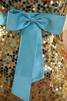 Fashionable Gold Sequined Mini Length Cocktail Dress With Blue Sash 
