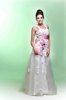Straps Puffy Floor Length White Tulle Princess Quinceanera Dress With 3d Flowers 