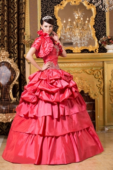 Watermelon Taffeta Ball Gown Sweet 15 Quince Dress With Bolero 
