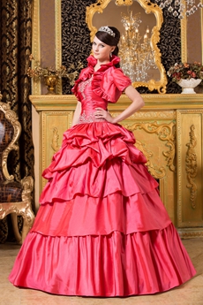 Watermelon Taffeta Ball Gown Sweet 15 Quince Dress With Bolero 