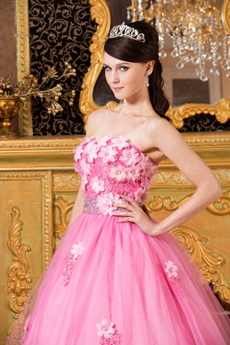 Sweetheart Puffy Pink Tulle Princess Quinceanera Dress With 3d Flowers