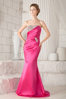 Glamour Dipped Neckline Sheath Full Length Hot Pink Satin Prom Dress 