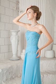 Column Full Length Blue Chiffon Prom Dress With Great Handwork 