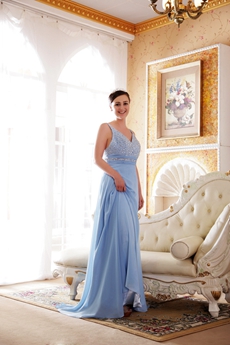 V-Neckline A-line Baby Blue Chiffon Prom Dress With Great Handwork 