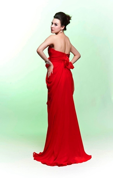 Sheath Floor Length Strapless Red Chiffon Formal Evening Dress 