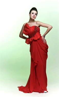 Sheath Floor Length Strapless Red Chiffon Formal Evening Dress 