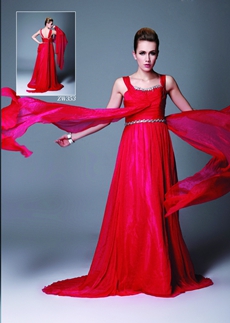 Straps A-line Full Length Red Chiffon Evening Dress With Ribbons