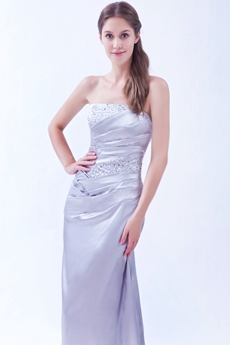 Elegance Strapless Column Full Length Silver Satin Formal Evening Gown 