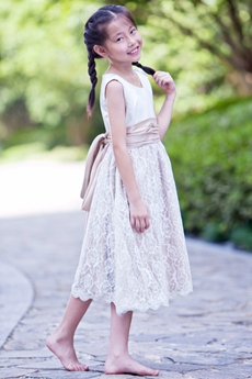 White & Champagne Tea Length Lace Flower Girl Dress