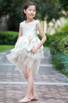 Scoop Neckline Ivory Satin And Tulle High Low Flower Girl Dress 