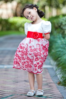 Cute White & Red Short Sleeves Knee Length Little Girls Dress 