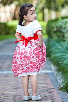 Cute White & Red Short Sleeves Knee Length Little Girls Dress 