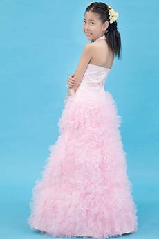 Top Halter Puffy Floor Length light Pink Infant Girl Pageant Dress 