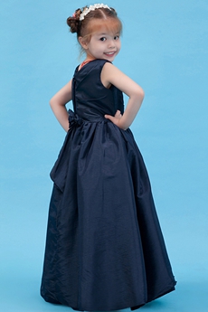 V-Neckline Full Length Dark Navy Taffeta Little Girl Pageant Dress 