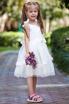 V-Neckline Ivory Organza Knee Length Little Girls Pageant Dress 