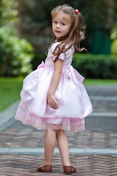 Mini Length Short Sleeves Pink Lace Flower Girl Dress 
