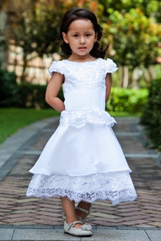 Boat Neckline Short Sleeves Tea Length Toddler Flower Girls Dress 