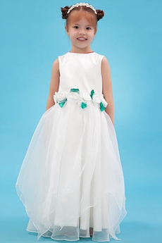 Jewel Neckline Puffy Floor Length Organza Flower Girl Dress With Flowers 