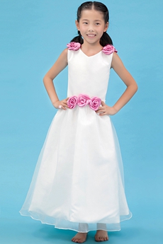 V-Neckline Ankle Length Organza Flower Girl Dress With Pink Flowers