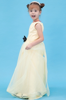 Jewel Neckline Puffy Full Length Pale Yellow Girls Pageant Dress 