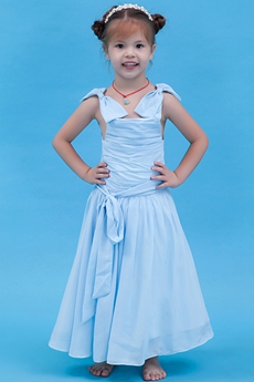 Cute Straps A-line Ankle Length Blue Little Girls Party Dress 