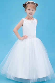 Scoop Neckline White Tulle Ball Gown Flower Girl Dress 