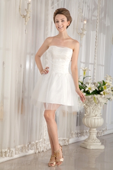 Strapless Puffy Short Length Tulle White Cocktail Dress With Pearls 