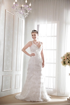 Grecian A-line Full Length Lace Wedding Dress With Beads 
