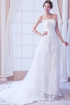 Flattering A-line Floor Length Lace Wedding Dress With Satin Belt 
