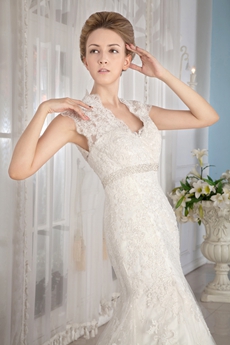 Queen Ann Neckline Mermaid Lace Wedding Gown With Illusion Back 