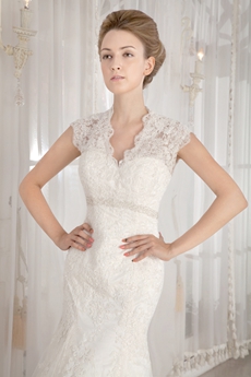 Queen Ann Neckline Mermaid Lace Wedding Gown With Illusion Back 