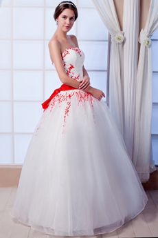 Simple Strapless White And Red Tulle Ball Gown Quinceanera Dress 