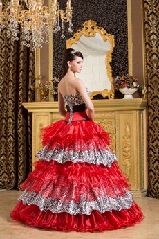 Multi-Colored Red Organza With Black Leopard Satin Quince Dress 