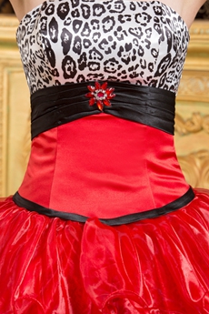 Multi-Colored Red Organza With Black Leopard Satin Quince Dress 