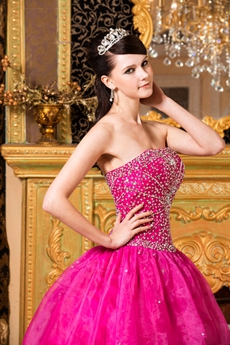 Embroidery Beads Strapless Ball Gown Fuchsia Organza Sweet 15 Dress 