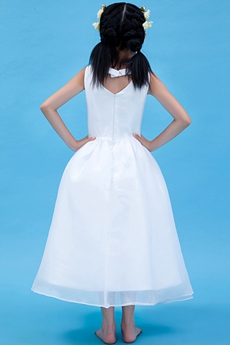 V-Neckline Tea Length White Organza Flower Girl Dress 