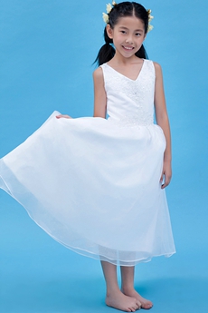 V-Neckline Tea Length White Organza Flower Girl Dress 