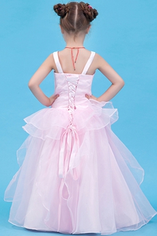 Lovely Straps Puffy Floor Length Pearl Pink Flower Girl Dress 