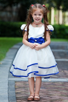Royal Blue & White Short Sleeves Knee Length Tutu Flower Girl Dress 