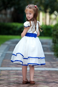Royal Blue & White Short Sleeves Knee Length Tutu Flower Girl Dress 