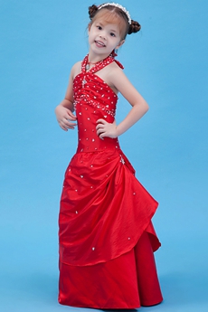 Halter A-line Full Length Red Little Girls Pageant Dress 