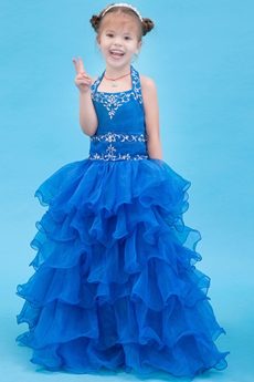 Lovely Halter Puffy Floor Length Royal Blue Organza Flower Girl Dress 