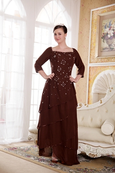 3/4 Sleeves High Low Hem Brown Chiffon Mother Of The Bride Dress  