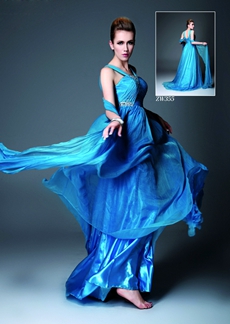 Glamour Straps A-line Blue Chiffon Formal Evening Gown 