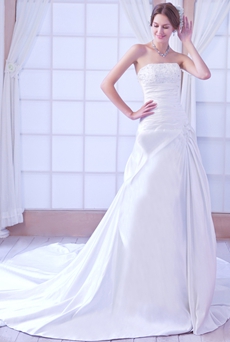 Strapless A-line Satin Plus Size Wedding Dress With Chapel Train 