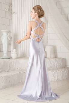 Crossed Straps Back A-line Silver Satin Prom Dress With Exquisite Handwork 