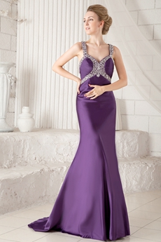 Crossed Straps Back Sheath Floor Length Purple Evening Dress 