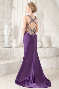 Crossed Straps Back Sheath Floor Length Purple Evening Dress 