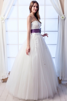 Delish Strapless Ball Gown White Tulle Quinceanera Dress With Purple Sash 